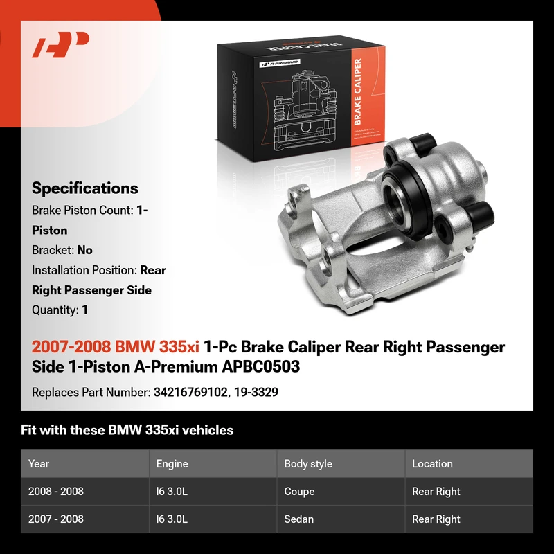 2007-2008 BMW 335xi 1-Pc Brake Caliper Rear Right Passenger Side 1-Piston A-Premium APBC0503
