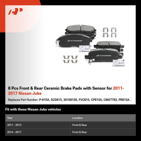 8 Pcs Front & Rear Ceramic Brake Pads with Sensor for 2011-2017 Nissan Juke
