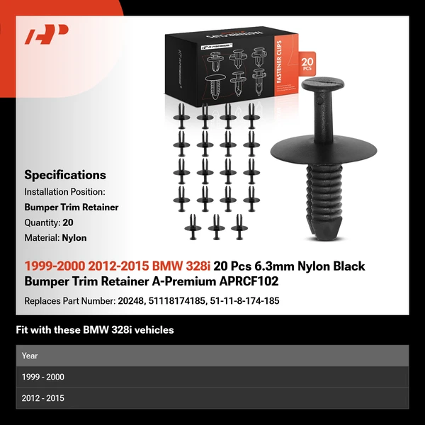 1999-2000 2012-2015 BMW 328i 20 Pcs 6.3mm Nylon Black Bumper Trim Retainer A-Premium APRCF102