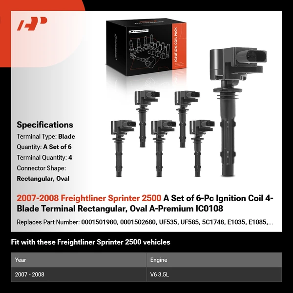 2007-2008 Freightliner Sprinter 2500 A Set of 6-Pc Ignition Coil 4-Blade Terminal Rectangular, Oval A-Premium IC0108