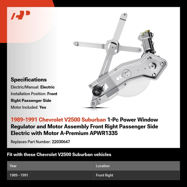 1989-1991 Chevrolet V2500 Suburban 1-Pc Power Window Regulator and Motor Assembly Front Right Passenger Side Electric with Motor A-Premium APWR1335