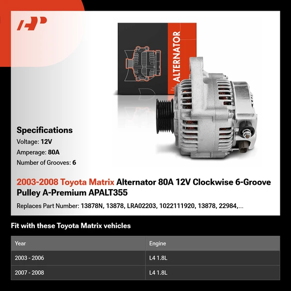 2003-2008 Toyota Matrix Alternator 80A 12V Clockwise 6-Groove Pulley A-Premium APALT355