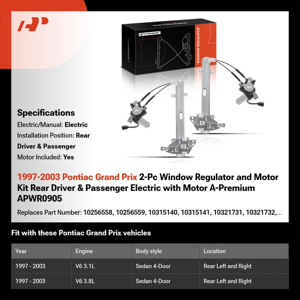 1997-2003 Pontiac Grand Prix 2-Pc Window Regulator and Motor Kit Rear Driver & Passenger Electric with Motor A-Premium APWR0905