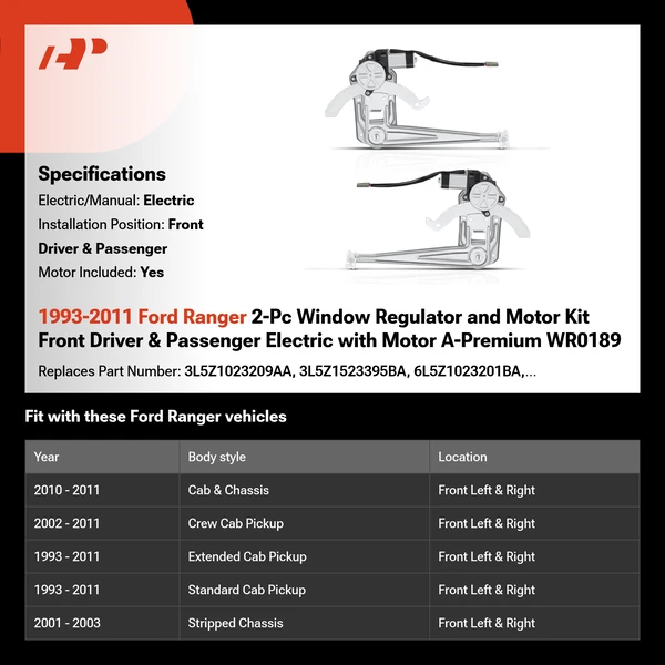 1993-2011 Ford Ranger 2-Pc Window Regulator and Motor Kit Front Driver & Passenger Electric with Motor A-Premium WR0189