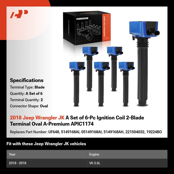 2018 Jeep Wrangler JK A Set of 6-Pc Ignition Coil 2-Blade Terminal Oval A-Premium APIC1174