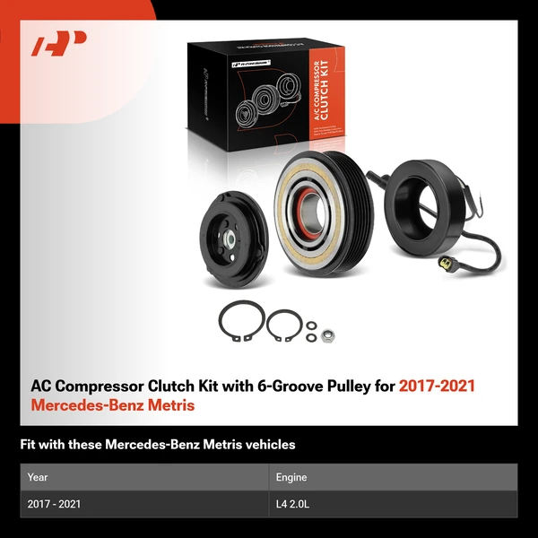AC Compressor Clutch Kit with 6-Groove Pulley for 2017-2021 Mercedes-Benz Metris