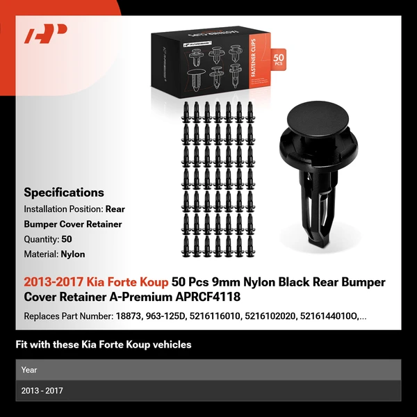 2013-2017 Kia Forte Koup 50 Pcs 9mm Nylon Black Rear Bumper Cover Retainer A-Premium APRCF4118
