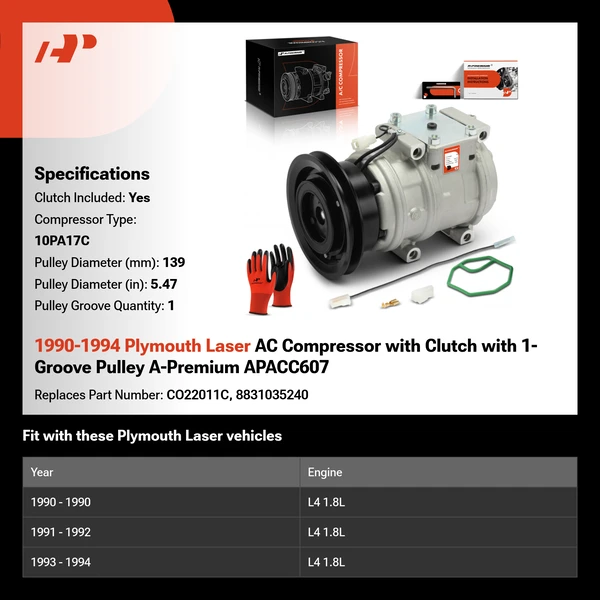 1990-1994 Plymouth Laser AC Compressor with Clutch with 1-Groove Pulley A-Premium APACC607