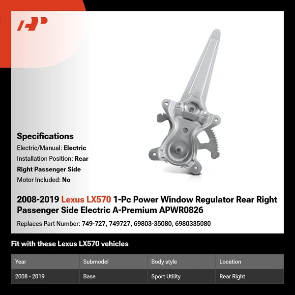 2008-2019 Lexus LX570 1-Pc Power Window Regulator Rear Right Passenger Side Electric A-Premium APWR0826