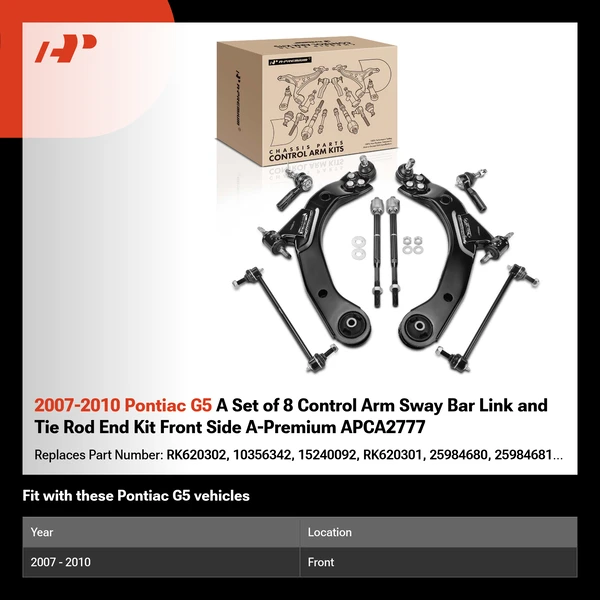 2007-2010 Pontiac G5 A Set of 8 Control Arm Sway Bar Link and Tie Rod End Kit Front Side A-Premium APCA2777