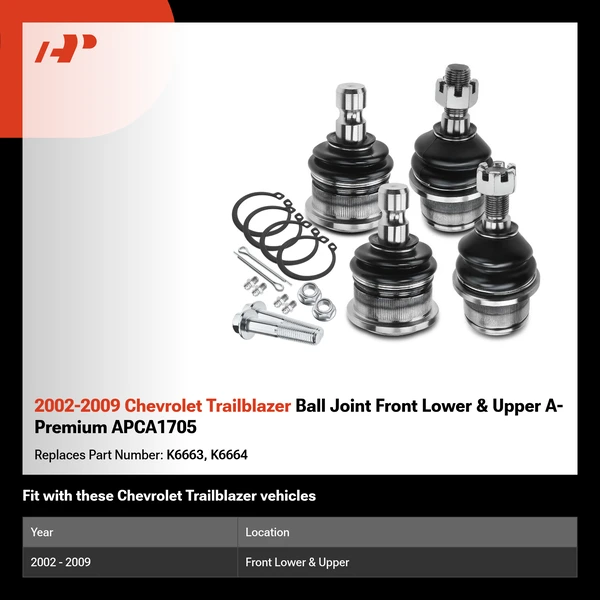2002-2009 Chevrolet Trailblazer Ball Joint Front Lower & Upper A-Premium APCA1705