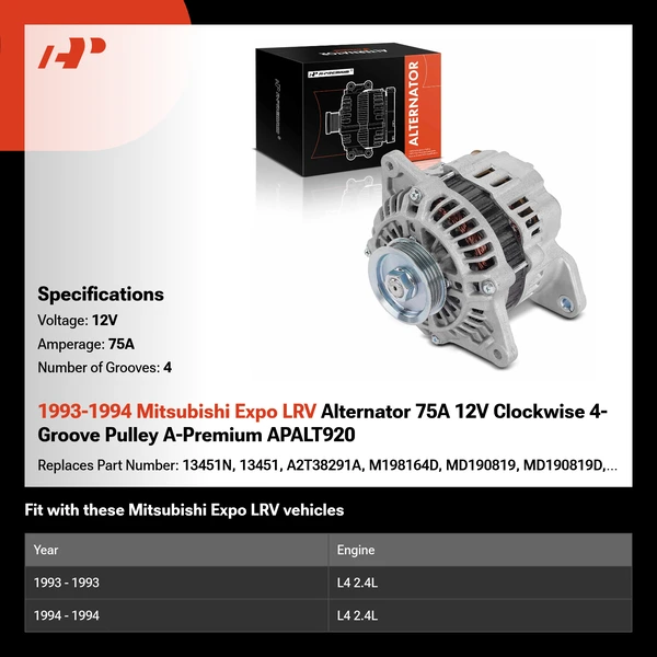 1993-1994 Mitsubishi Expo LRV Alternator 75A 12V Clockwise 4-Groove Pulley A-Premium APALT920