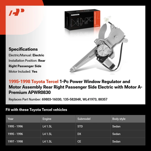 1995-1998 Toyota Tercel 1-Pc Power Window Regulator and Motor Assembly Rear Right Passenger Side Electric with Motor A-Premium APWR0830