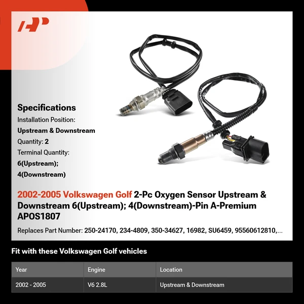 2002-2005 Volkswagen Golf 2-Pc Oxygen Sensor Upstream & Downstream 6(Upstream); 4(Downstream)-Pin A-Premium APOS1807