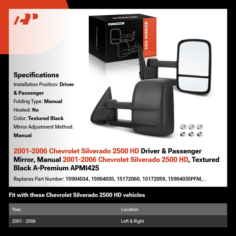2001-2006 Chevrolet Silverado 2500 HD Driver & Passenger Mirror, Manual 2001-2006 Chevrolet Silverado 2500 HD, Textured Black A-Premium APMI425