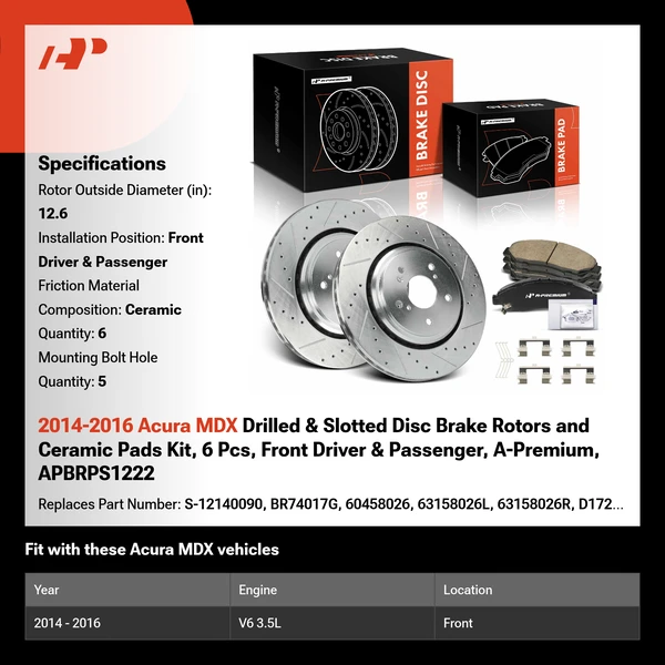 2014-2016 Acura MDX Drilled & Slotted Disc Brake Rotors and Ceramic Pads Kit, 6 Pcs, Front Driver & Passenger, A-Premium, APBRPS1222