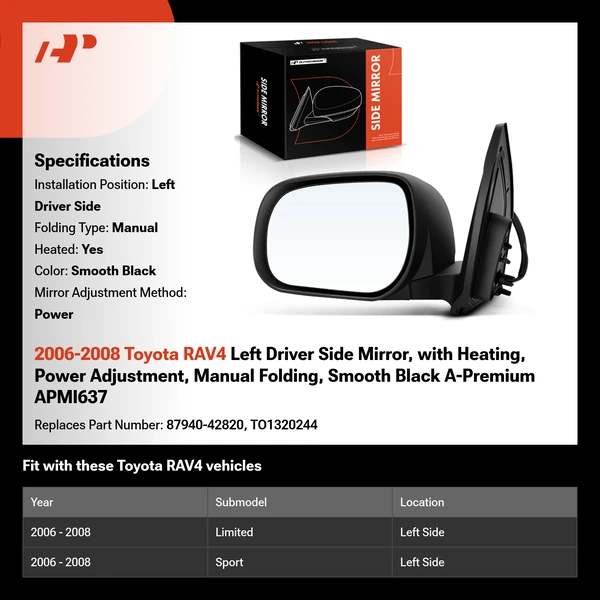 2006-2008 Toyota RAV4 Left Driver Side Mirror, with Heating, Power Adjustment, Manual Folding, Smooth Black A-Premium APMI637