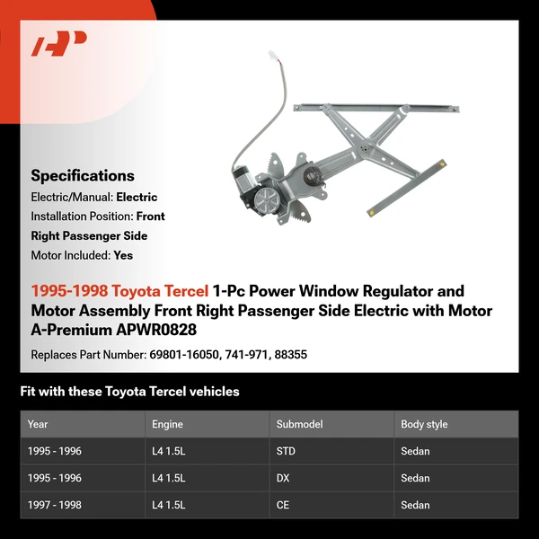 1995-1998 Toyota Tercel 1-Pc Power Window Regulator and Motor Assembly Front Right Passenger Side Electric with Motor A-Premium APWR0828
