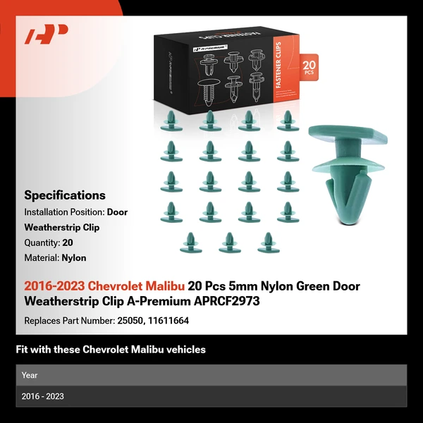 2016-2023 Chevrolet Malibu 20 Pcs 5mm Nylon Green Door Weatherstrip Clip A-Premium APRCF2973