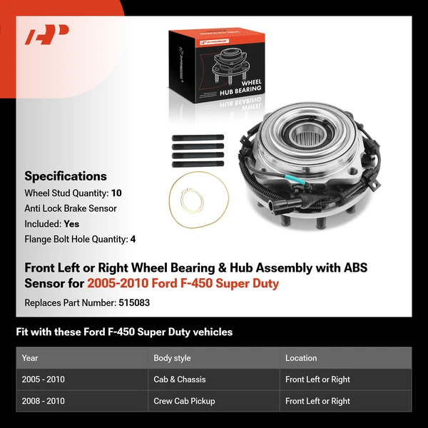 Front Left or Right Wheel Bearing & Hub Assembly with ABS Sensor for 2005-2010 Ford F-450 Super Duty