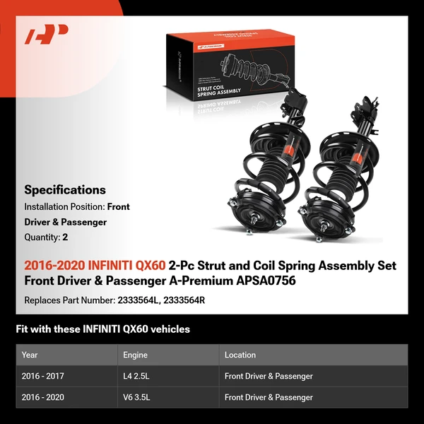 2016-2020 INFINITI QX60 2-Pc Strut and Coil Spring Assembly Set Front Driver & Passenger A-Premium APSA0756