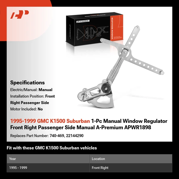 1995-1999 GMC K1500 Suburban 1-Pc Manual Window Regulator Front Right Passenger Side Manual A-Premium APWR1898