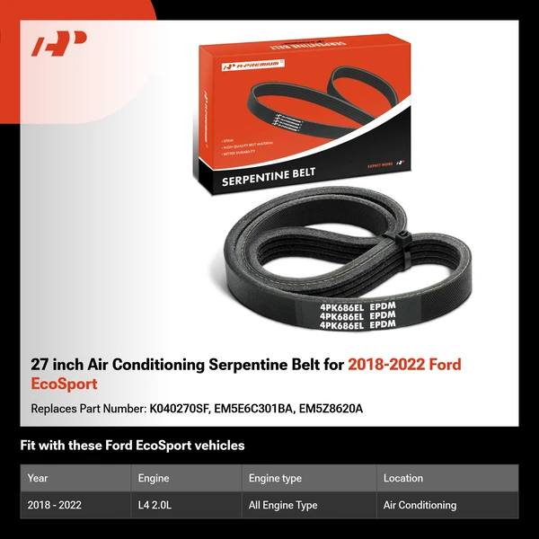27 inch Air Conditioning Serpentine Belt for 2018-2022 Ford EcoSport