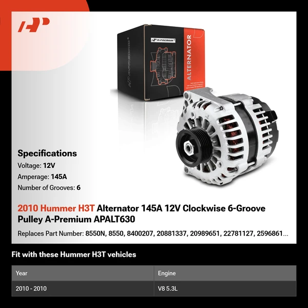 2010 Hummer H3T Alternator 145A 12V Clockwise 6-Groove Pulley A-Premium APALT630