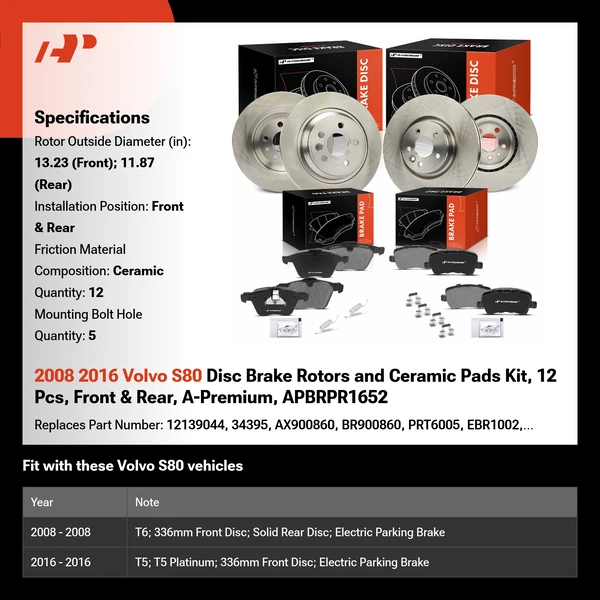 2008 2016 Volvo S80 Disc Brake Rotors and Ceramic Pads Kit, 12 Pcs, Front & Rear, A-Premium, APBRPR1652