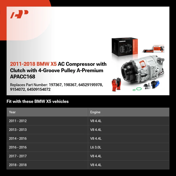 2011-2018 BMW X5 AC Compressor with Clutch with 4-Groove Pulley A-Premium APACC168