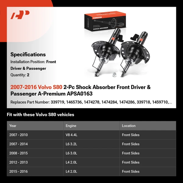 2007-2016 Volvo S80 2-Pc Shock Absorber Front Driver & Passenger A-Premium APSA0163