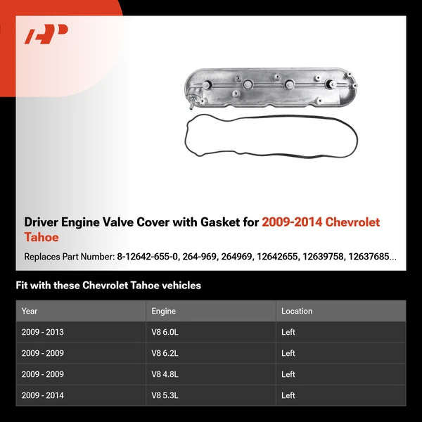 Driver Engine Valve Cover with Gasket for 2009-2014 Chevrolet Tahoe