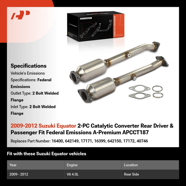 2009-2012 Suzuki Equator 2-PC Catalytic Converter Rear Driver & Passenger Fit Federal Emissions A-Premium APCCT187