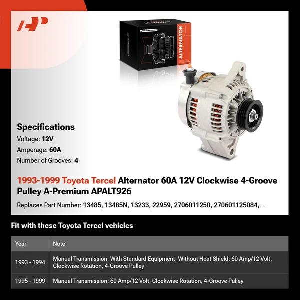 1993-1999 Toyota Tercel Alternator 60A 12V Clockwise 4-Groove Pulley A-Premium APALT926