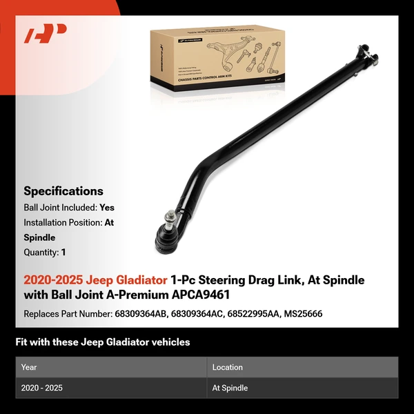 2020-2025 Jeep Gladiator 1-Pc Steering Drag Link, At Spindle with Ball Joint A-Premium APCA9461