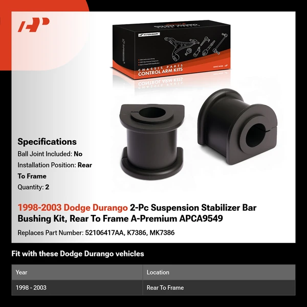 1998-2003 Dodge Durango 2-Pc Suspension Stabilizer Bar Bushing Kit, Rear To Frame A-Premium APCA9549