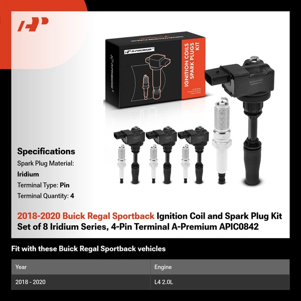 2018-2020 Buick Regal Sportback Ignition Coil and Spark Plug Kit Set of 8 Iridium Series, 4-Pin Terminal A-Premium APIC0842