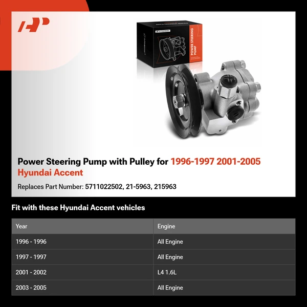 Power Steering Pump with Pulley for 1996-1997 2001-2005 Hyundai Accent