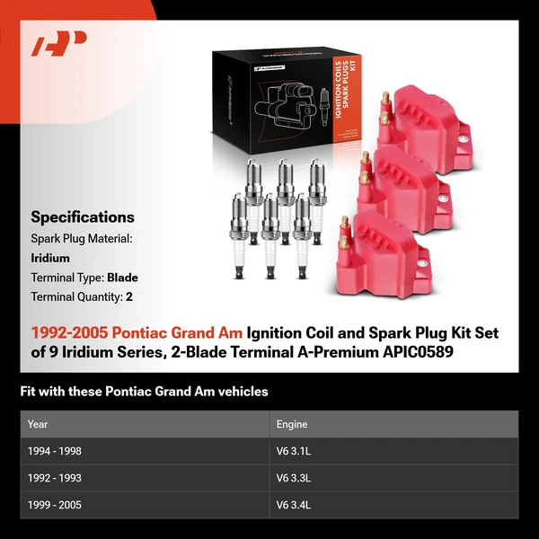 1992-2005 Pontiac Grand Am Ignition Coil and Spark Plug Kit Set of 9 Iridium Series, 2-Blade Terminal A-Premium APIC0589
