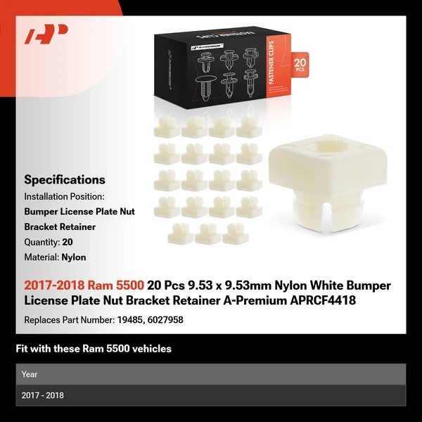 2017-2018 Ram 5500 20 Pcs 9.53 x 9.53mm Nylon White Bumper License Plate Nut Bracket Retainer A-Premium APRCF4418