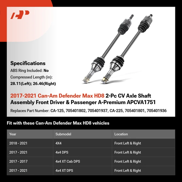 2017-2021 Can-Am Defender Max HD8 2-Pc CV Axle Shaft Assembly Front Driver & Passenger A-Premium APCVA1751