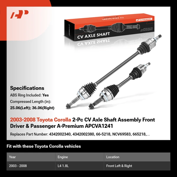2003-2008 Toyota Corolla 2-Pc CV Axle Shaft Assembly Front Driver & Passenger A-Premium APCVA1241