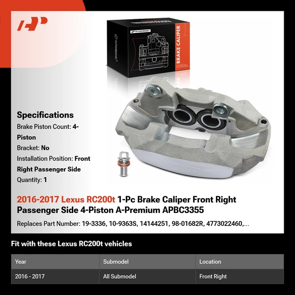 2016-2017 Lexus RC200t 1-Pc Brake Caliper Front Right Passenger Side 4-Piston A-Premium APBC3355
