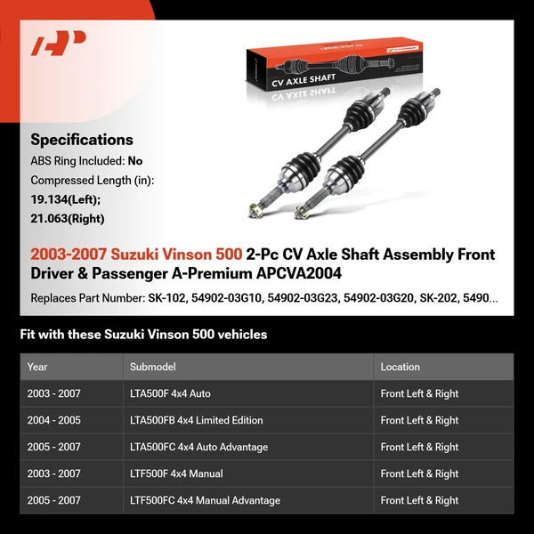 2003-2007 Suzuki Vinson 500 2-Pc CV Axle Shaft Assembly Front Driver & Passenger A-Premium APCVA2004