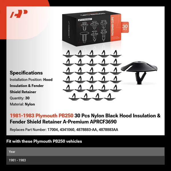 1981-1983 Plymouth PB250 30 Pcs Nylon Black Hood Insulation & Fender Shield Retainer A-Premium APRCF3690