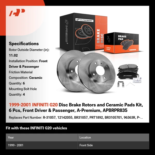 1999-2001 INFINITI G20 Disc Brake Rotors and Ceramic Pads Kit, 6 Pcs, Front Driver & Passenger, A-Premium, APBRPR835