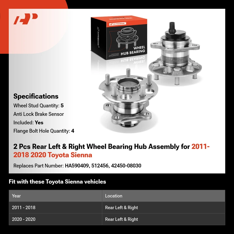 2 Pcs Rear Left & Right Wheel Bearing Hub Assembly for 2011-2018 2020 Toyota Sienna