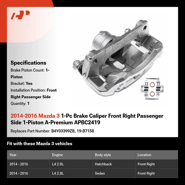 2014-2016 Mazda 3 1-Pc Brake Caliper Front Right Passenger Side 1-Piston A-Premium APBC2419
