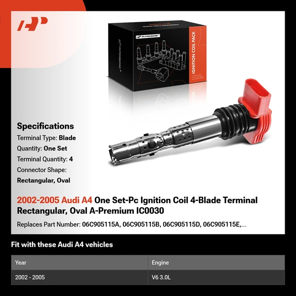 2002-2005 Audi A4 One Set-Pc Ignition Coil 4-Blade Terminal Rectangular, Oval A-Premium IC0030