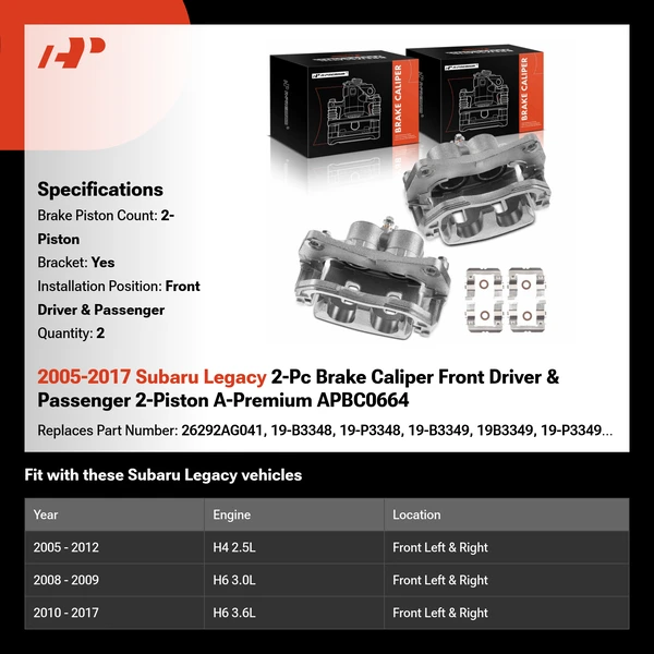 2005-2017 Subaru Legacy 2-Pc Brake Caliper Front Driver & Passenger 2-Piston A-Premium APBC0664